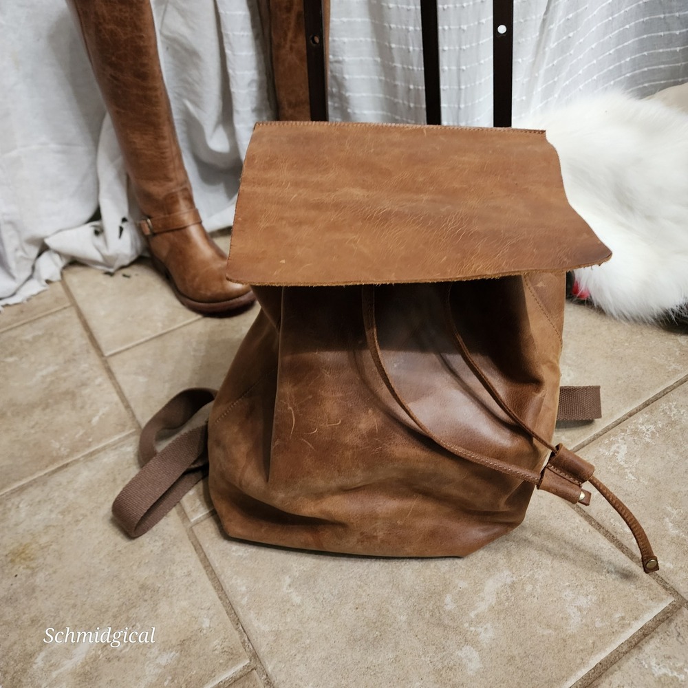 S-ZONE Brown Cowhide Leather Backpack Drawstring Flap School Travel Bag Cognac